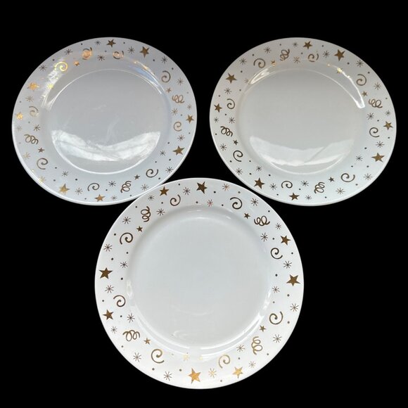 Set of 3 Pampered Chef Celebration white  gold stars swirls 8” dessert plates - Picture 1 of 5